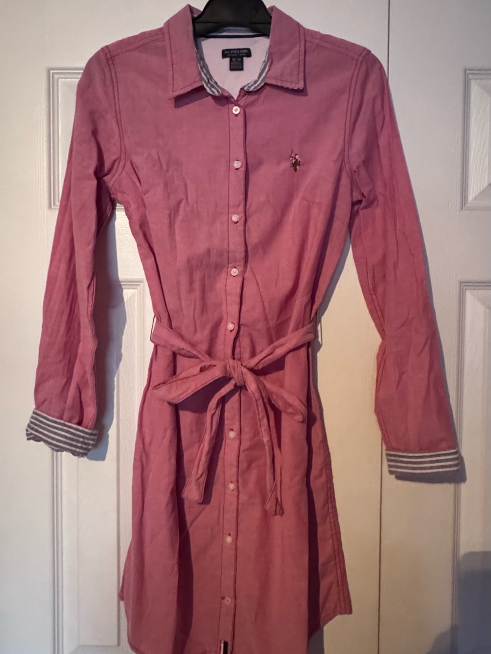 U.S. Polo Assn. Pink Button-Front Shirt Dress with Tie Waist